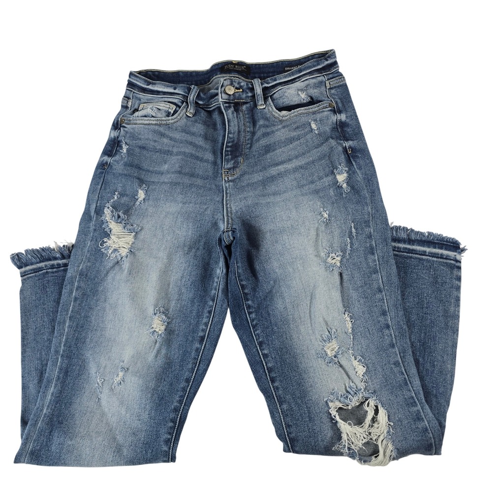 Judy Blue Los Angeles Straight Fit Distressed Raw Hem Jeans Blue JB82436MD 9/29